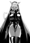  1girl animal_ears breasts cat_ears club3 cosplay dark_skin facial_mark final_fantasy final_fantasy_xiv greyscale groin half-closed_eyes highres large_breasts latex legs_together leotard looking_at_viewer monochrome nun parted_lips solo tail thighhighs y&#039;shtola_rhul 