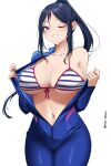  1girl absurdres artist_name bangs bikini blue_hair commentary_request cowboy_shot grin highres jumpsuit long_hair long_sleeves looking_at_viewer love_live! love_live!_sunshine!! matsuura_kanan navel off_shoulder one_eye_closed pinnn ponytail purple_eyes sidelocks simple_background single_bare_shoulder smile solo standing stomach striped striped_bikini swimsuit twitter_username very_long_hair white_background 