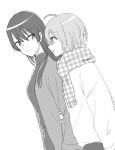  2girls ahoge alternate_costume arm_grab artist_name bangs check_commentary checkered_clothes checkered_scarf closed_mouth commentary_request fingernails greyscale high_collar highres koito_yuu long_hair long_sleeves monochrome multiple_girls nanami_touko nyamo open_mouth scarf short_hair yagate_kimi_ni_naru 