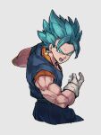  1boy blue_eyes blue_hair dragon_ball dragon_ball_super earrings gloves grey_background jewelry kemachiku looking_at_viewer male_focus open_mouth potara_earrings short_hair simple_background solo super_saiyan super_saiyan_blue vegetto white_gloves 