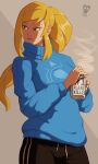  1girl bangs black_pants blonde_hair blue_eyes blue_sweater casual coffee_mug commentary cup drawstring eyeliner joakim_sandberg lips long_hair looking_to_the_side makeup metroid mole mole_under_mouth mug nose pants ponytail print_sweater samus_aran sidelocks solo sweat sweater sweating_profusely symbol-only_commentary track_pants turtleneck turtleneck_sweater 