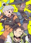  1girl 2boys apex_legends armor aviator_sunglasses black_eyes black_hair black_headwear black_shirt blonde_hair blue_eyes blue_headwear blue_jacket blue_pants breastplate brown_eyes caustic_(apex_legends) chibi claw_ring clothing_cutout collarbone commentary cover cover_page crypto_(apex_legends) dark-skinned_male dark_skin doujin_cover dreadlocks eyewear_on_head finger_to_head fingerless_gloves gas_mask gloves grey_hair hack_(apex_legends) hair_behind_ear hair_slicked_back highres jacket jetpack jewelry leaning_to_the_side mask missile_pod multiple_boys necklace nessie_(respawn) nojima_minami non-humanoid_robot one_eye_closed open_mouth pants parted_hair robot sanpaku seer_(apex_legends) shirt short_hair sleeveless sleeveless_jacket smile stomach_cutout sunglasses symbol-only_commentary textless_version undercut valkyrie_(apex_legends) wattson_(apex_legends) white_jacket 