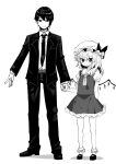  1boy 1girl ascot bangs bobby_socks bow closed_mouth crystal flandre_scarlet formal full_body greyscale hat hat_bow height_difference highres holding_hands long_sleeves looking_at_viewer medium_hair mob_cap monochrome necktie nigo_(aozoragarou) one_side_up pants shoes short_hair short_sleeves skirt smile socks standing touhou wings 