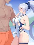  1boy 1girl bangs bare_shoulders blue_bow blue_one-piece_swimsuit blue_sky bow breasts fate/grand_order fate_(series) hair_between_eyes hair_bow highleg highleg_swimsuit highres large_breasts long_hair looking_down moebell one-piece_swimsuit orange_shorts ponytail red_eyes shorts sky smile swimsuit thigh_strap thighs tomoe_gozen_(fate) tomoe_gozen_(swimsuit_saber)_(fate) tomoe_gozen_(swimsuit_saber)_(first_ascension)_(fate) two-tone_swimsuit white_hair white_one-piece_swimsuit 