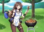  1girl bangs beret breasts brown_hair c-sha choker cleavage commission cooking food grey_eyes hat highres lewdkuma long_hair looking_at_viewer meat medium_breasts navel neptune_(series) outdoors pantyhose shin_jigen_game_neptune_vii smile solo 