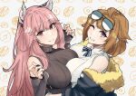  animal_ear_fluff animal_ears bangs blush bow bowtie breasts brown_hair cat_ears detached_sleeves eyewear_on_head fur-trimmed_jacket fur_trim girls&#039;_frontline girls&#039;_frontline_neural_cloud gloves grizzly_mkv_(girls&#039;_frontline) hands_on_another&#039;s_hips hands_up holding jacket large_breasts long_hair looking_at_viewer multiple_girls nakiusagi open_mouth persicaria_(girls&#039;_frontline_nc) pink_eyes pink_hair purple_eyes short_hair smile striped striped_bow striped_bowtie sunglasses sweater 