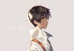  1boy black_hair brown_hair character_name dark-skinned_male dark_skin freckles from_side green_eyes grey_background male_focus open_mouth oscar_pine parted_lips popped_collar rwby shirt short_hair shuudenchuu simple_background suspenders upper_body white_shirt 