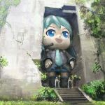  1girl 2others aqua_hair bangs bare_shoulders blue_eyes building bush chibi cloak crack detached_sleeves giant giantess grass hair_ornament hatsune_miku holding holding_staff long_hair microphone mikudayoo multiple_others nature necktie open_mouth outdoors rythayze scenery skirt staff stairs standing statue thighhighs tree twintails very_long_hair vocaloid 
