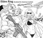  1boy 2girls absurdres american_flag american_flag_bikini anachronism assault_rifle bald_eagle bb_(baalbuddy) bikini bird bomb breasts cape doll_joints eagle elden_ring explosive extra_faces facing_viewer flag_print grin gun hat helmet highres hood hood_down hooded_cape joints large_breasts m4_carbine melina_(elden_ring) miniature_ranni minigirl multiple_girls navel one_eye_covered pants prisoner_(elden_ring) ranni_the_witch rifle smile standing sunglasses swimsuit tarnished_(elden_ring) topless_male trigger_discipline weapon witch_hat 