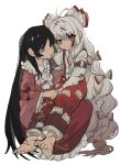  2girls arm_strap bangs barefoot black_hair blood blood_on_clothes blood_on_face bow bowtie closed_eyes closed_mouth collared_shirt commentary_request feet frilled_shirt_collar frilled_skirt frills fujiwara_no_mokou full_body highres houraisan_kaguya long_hair long_sleeves looking_at_viewer multiple_girls ofuda ofuda_on_clothes open_mouth pants pink_shirt red_bow red_eyes red_pants red_skirt scar scar_on_foot shirt shiye_hong simple_background sitting sitting_on_lap sitting_on_person skirt suspenders toes torn_clothes torn_pants touhou two-tone_bow very_long_hair white_background white_bow white_bowtie white_hair white_shirt 