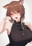  1girl absurdres aketa_mikoto animal_ears armpits black_shirt blush bracelet breasts brown_hair cat_ears chain_necklace extra_ears gradient_hair highres idolmaster idolmaster_shiny_colors jewelry large_breasts light_brown_hair looking_at_viewer multicolored_eyes multicolored_hair necklace nyan shirt simple_background sleeveless sleeveless_shirt solo ssrg_srrg tongue tongue_out upper_body white_background 