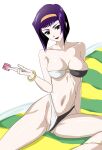  1girl absurdres bikini breasts chair condom condom_wrapper cowboy_bebop ero_daisuki faye_valentine feet_out_of_frame green_eyes hairband highleg highleg_bikini highleg_swimsuit highres large_breasts looking_at_viewer o-ring o-ring_bikini orange_hairband purple_hair short_hair simple_background sitting solo swimsuit two-tone_bikini white_background 