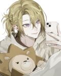  1boy absurdres augustus_(luca_kaneshiro) bangs blonde_hair brown_shirt cellphone closed_mouth eoseo88 hair_between_eyes hair_ornament highres holding holding_phone hood hoodie lion luca_kaneshiro male_focus medium_hair nijisanji nijisanji_en pale_skin phone purple_eyes shirt sidelocks smartphone smile solo stuffed_animal stuffed_toy virtual_youtuber white_hoodie 