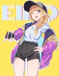  1girl :d absurdres bangs baseball_cap black_headwear black_shorts blonde_hair blue_eyes blush braid cellphone gar32 hair_over_shoulder hat high-waist_shorts highres holding holding_phone jacket looking_at_viewer one_eye_closed open_clothes open_jacket paripi_koumei phone purple_jacket shirt short_shorts shorts smartphone smile solo standing tsukimi_eiko white_shirt yellow_background 