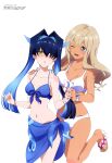  2girls :d :o absurdres bangs bikini black_hair blue_bikini blue_eyes blue_hair blue_sarong bracelet breasts character_request cleavage collarbone feet feet_out_of_frame floral_print foot_out_of_frame hair_between_eyes hair_over_one_eye hand_on_another&#039;s_shoulder highres holding_hands jewelry legs looking_at_another looking_at_viewer medium_breasts megami_magazine multicolored_hair multiple_girls nail_polish navel official_art one_eye_closed open_mouth print_sarong sandals sarong scan shadowverse sidelocks simple_background small_breasts smile standing standing_on_one_leg swimsuit toenail_polish toenails two-tone_hair white_background white_bikini yellow_eyes 
