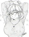  1girl arms_up blush breasts earrings glasses greyscale heart heart_earrings heart_necklace highres jewelry kerorin large_breasts long_sleeves monochrome necklace original over-rim_eyewear ribbed_sweater semi-rimless_eyewear short_hair signature smile solo star_(symbol) sweater upper_body white_background 