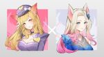  1girl ahri_(league_of_legends) bangs black_headwear blonde_hair blue_eyes bow breasts chibi_vanille cleavage closed_mouth facial_mark fox_tail hat hat_bow heart k/da_(league_of_legends) k/da_ahri large_breasts league_of_legends long_hair long_sleeves looking_at_viewer multiple_views orange_eyes pink_background pink_hair popstar_ahri portrait smile tail whisker_markings white_bow 