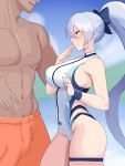  1boy 1girl bangs bare_shoulders blue_bow blue_one-piece_swimsuit blue_sky bow breasts fate/grand_order fate_(series) hair_between_eyes hair_bow highleg highleg_swimsuit highres large_breasts long_hair moebell one-piece_swimsuit orange_shorts ponytail red_eyes shorts sky smile swimsuit thigh_strap thighs tomoe_gozen_(fate) tomoe_gozen_(swimsuit_saber)_(fate) tomoe_gozen_(swimsuit_saber)_(first_ascension)_(fate) two-tone_swimsuit white_hair white_one-piece_swimsuit 