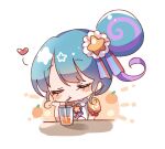  1girl bangs bendy_straw blue_hair blush_stickers chibi closed_eyes closed_mouth cup drink drinking drinking_glass drinking_straw food fruit hair_bun hair_ornament heart highres jumpsuit multicolored_hair orange_(fruit) orange_jumpsuit pinon_(pripara) pretty_(series) pripara pudding_(skymint_028) puffy_short_sleeves puffy_sleeves purple_hair shirt short_sleeves simple_background single_side_bun solo star_(symbol) star_hair_ornament streaked_hair upper_body white_background white_shirt 