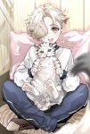  1boy animal artist_name blonde_hair bottomless brown_footwear child crossed_legs dated freckles full_body gokotai hair_over_one_eye happy highres holding holding_animal light_blush looking_at_viewer male_child male_focus noki_ice open_mouth pants pawpads pillow short_hair sitting smile teeth tiger tiger_cub touken_ranbu upper_teeth_only wavy_hair white_tiger yellow_eyes 