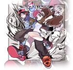 1boy 1girl antenna_hair baggy_pants baseball_cap boots brown_eyes brown_hair closed_mouth commentary dewott hat high_ponytail hilbert_(pokemon) hilda_(pokemon) holding holding_poke_ball jacket lillin looking_down open_clothes open_vest pants poke_ball poke_ball_(basic) pokemon pokemon_(game) pokemon_bw red_footwear red_headwear servine shirt shoes short_hair short_shorts shorts sidelocks vest white_headwear white_shirt wristband zipper_pull_tab 