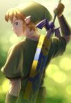  1boy blonde_hair blue_eyes earrings from_behind green_headwear hat highres jewelry jimaku link looking_back male_focus master_sword pointy_ears pouch sheath solo sword the_legend_of_zelda the_legend_of_zelda:_skyward_sword unsheathing upper_body weapon 