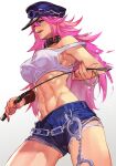  1girl bangle big_hair blue_eyes bracelet breasts collar cowboy_shot crop_top cuffs cutoffs denim denim_shorts from_below gradient_background handcuffs hat hungry_clicker jewelry large_breasts leather_collar midriff navel peaked_cap pink_hair poison_(final_fight) riding_crop shorts strap_slip street_fighter street_fighter_v white_background 