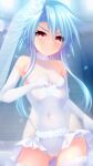  1girl bare_shoulders blue_hair blush breasts cameltoe commission covered_navel dress elbow_gloves flower gloves hair_between_eyes hair_flower hair_ornament highres irori_(irorixc) leotard light_blue_hair looking_at_viewer neptune_(series) power_symbol red_eyes short_hair_with_long_locks skeb_commission small_breasts solo symbol-shaped_pupils thighhighs wedding_dress white_flower white_gloves white_heart white_leotard white_thighhighs 