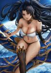  1girl armlet asymmetrical_legwear asymmetrical_sleeves bangs black_hair breasts cleavage crossed_legs detached_sleeves earrings elbow_gloves fate/grand_order fate_(series) feet_out_of_frame gloves hair_ribbon heavenly_boat_maanna ishtar_(fate) jewelry large_breasts lips long_hair looking_at_viewer navel neck_ring open_mouth parted_bangs parted_lips planet ribbon single_detached_sleeve single_elbow_glove single_thighhigh sky smile solo space star_(sky) starry_sky stomach supullim teeth thighhighs tiara twintails two_side_up uneven_legwear uneven_sleeves 