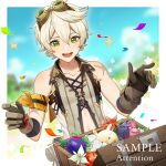  1boy apple bananakeki bangs bennett_(genshin_impact) berry bird blurry blurry_background brown_gloves cloud collarbone confetti day flower food fruit genshin_impact gloves goggles goggles_on_head green_eyes grey_hair male_focus open_mouth outdoors oz_(genshin_impact) sample_watermark scar scar_on_arm sky solo star_(symbol) teeth treasure_chest upper_teeth_only white_flower 