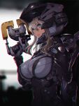  1girl armor bodysuit breasts chromatic_aberration closed_mouth dead_space gloves green_eyes hair_between_eyes helmet holding holding_weapon large_breasts light_brown_hair nidy plasma_cutter science_fiction solo standing weapon 