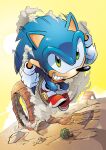  1boy cactus collaboration commentary desert dust_cloud english_commentary furry green_eyes grin highres male_focus matt_herms running smile sonic_(series) sonic_the_hedgehog sonic_the_hedgehog_(archie_comics) sun teeth terry_austin tracy_yardley yellow_sky 