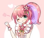  1girl ;p bangs blush center_frills closed_mouth flower frills gloves green_eyes hair_between_eyes hair_flower hair_ornament hand_up head_tilt heart highres kanon_(pripara) multicolored_hair one_eye_closed pink_background pink_flower pink_hair pretty_(series) pripara pudding_(skymint_028) purple_hair red_flower shirt side_ponytail sleeveless sleeveless_shirt smile solo streaked_hair tongue tongue_out two-tone_background upper_body white_background white_gloves white_shirt 