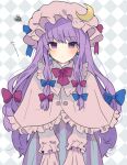  1girl bangs blue_bow blush bow bowtie capelet checkered_background crescent crescent_hat_ornament dress earrings frilled_capelet frills hair_bow hat hat_bow hat_ornament highres jewelry long_hair long_sleeves looking_at_viewer mob_cap neck_ribbon necono_(nyu6poko) patchouli_knowledge purple_dress purple_eyes purple_hair purple_headwear red_bow red_bowtie red_ribbon ribbon solo striped striped_dress touhou upper_body vertical-striped_dress vertical_stripes very_long_hair 
