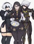  1boy 2girls armor bayonetta bayonetta_(series) black_blindfold black_dress black_hair black_hairband black_pantyhose blindfold breasts company_connection company_name crossover cup cyborg dress fried_egg frying_pan glasses gloves grey_hair hairband highres holding holding_cup holding_frying_pan holding_knife holding_spatula knife long_hair metal_gear_(series) metal_gear_rising:_revengeance mole mole_under_mouth mug multiple_crossover multiple_girls nier_(series) nier_automata one_eye_covered pantyhose platinumgames_inc. raiden_(metal_gear) science_fiction smile spatula sweatdrop thighhighs white_gloves yoracrab yorha_no._2_type_b 