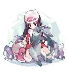  1girl beanie black_eyes black_hair boots commentary dawn_(pokemon) dress glaceon hat ice lillin pink_footwear pokemon pokemon_(creature) pokemon_(game) pokemon_dppt pokemon_platinum red_dress scarf white_headwear white_scarf 