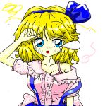  1girl alice_margatroid alice_margatroid_(pc-98) blue_dress blue_eyes blue_hairband blue_ribbon breasts commentary_request crying crying_with_eyes_open dress english_commentary hairband huge_breasts injury korean_commentary looking_away mixed-language_commentary open_mouth ribbon short_hair simple_background solo tagu128 tears touhou white_background 