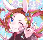  1girl 2023 animal_ears asymmetrical_bangs bangs black_coat blue_eyes brown_hair carrot chinese_zodiac coat commentary english_text fake_animal_ears grin hair_ornament happy_new_year heart ho_ji_chan47 katarina_claes long_hair long_sleeves looking_at_viewer new_year ok_sign one_eye_closed otome_game_no_hametsu_flag_shika_nai_akuyaku_reijou_ni_tensei_shite_shimatta rabbit_ears smile smirk solo star_(symbol) sticker_on_face twitter_username v x_hair_ornament year_of_the_rabbit 