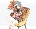  1girl alternate_costume bag bare_legs brown_hair candy_wrapper chair commentary green_headwear green_shirt hair_flaps hat jacket leaf_(pokemon) lillin long_hair long_sleeves open_mouth orange_jacket pikachu pink_footwear pokemon pokemon_(creature) pokemon_(game) pokemon_frlg shirt shoes simple_background sitting skirt smile vulpix white_background 