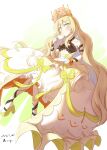  1girl absurdres artist_name bangs bare_shoulders blonde_hair blush butterfly_hair_ornament celine_(fire_emblem) check_commentary chinese_commentary commentary commentary_request crown cup dated detached_sleeves dress fire_emblem fire_emblem_engage flat_chest full_body green_eyes hair_ornament highres holding holding_cup holding_plate long_hair looking_at_viewer plate platform_footwear princess s38230341 smile solo teacup very_long_hair 