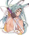  1boy animal_ears blue_eyes blue_hair brown_gloves carrot_(robosquat) detached_sleeves dragalia_lost facial_mark gloves headband holding holding_sword holding_weapon long_hair looking_at_viewer luca_(dragalia_lost) male_focus official_alternate_costume rabbit_ears serious single_sleeve solo sword topless_male twitter_username upper_body very_long_hair weapon white_background 