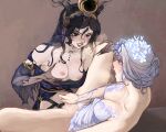  2girls absurdres blue_hair blush breasts censored cleavage clothing_aside dildo female_masturbation fiona_gilman highres horns identity_v masturbation multiple_girls oofxyphxia open_mouth panties panties_aside parted_lips purple_eyes sex_toy spread_legs strap-on teeth twitter_username underwear vaginal vera_nair yellow_eyes yuri 