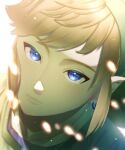  1boy bangs blue_eyes blurry close-up commentary_request earrings expressionless green_headwear hat highres jewelry jimaku light_brown_hair link male_focus pointy_ears portrait solo the_legend_of_zelda 