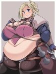  1girl absurdres belly big_belly blonde_hair blue_eyes blush braid breasts cleavage cleavage_cutout closed_mouth clothing_cutout commission crop_top dot_nose fat fat_rolls final_fantasy final_fantasy_xiv highres hyur kurokaze_no_sora large_breasts midriff minfilia_warde obese pantyhose plump short_ponytail skeb_commission solo sweatdrop thick_arms 