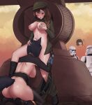  2boys 2girls absurdres animal_ears ass blue_eyes blush breasts brown_hair commission cunnilingus female_masturbation galactic_empire hand_on_another&#039;s_head hat helmet highres hyo_(lhyorin) large_breasts masturbation military military_hat military_uniform multiple_boys multiple_girls navel nipples one_eye_closed oral original pants_around_one_leg public_indecency pussy_juice star_wars stealth_sex stormtrooper tail uniform yuri 