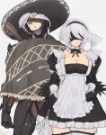  1boy 1girl alternate_costume apron armor bangs black_blindfold black_dress black_gloves black_hairband blindfold bow bowtie breasts cleavage crossover cyborg dress enmaided frilled_dress frills gloves grey_background grey_eyes guitar hairband hat highres holding instrument instrument_on_back maid maid_apron metal_gear_(series) metal_gear_rising:_revengeance nier_(series) nier_automata one_eye_covered poncho raiden_(metal_gear) short_hair simple_background smile sombrero standing yoracrab yorha_no._2_type_b 