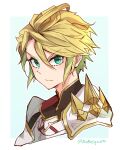  1boy ahoge armor bangs blonde_hair blue_eyes carrot_(robosquat) dragalia_lost euden hair_between_eyes long_bangs looking_at_viewer male_focus serious short_hair shoulder_armor solo twitter_username upper_body white_armor white_background 