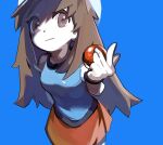  1girl bangs blue_background blue_shirt brown_eyes brown_hair closed_mouth commentary eyelashes hand_up hat holding holding_poke_ball leaf_(pokemon) lillin long_hair poke_ball poke_ball_(basic) pokemon pokemon_(game) pokemon_frlg shirt simple_background skirt sleeveless sleeveless_shirt solo white_headwear wristband 