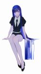  1other absurdly_long_hair absurdres bangs belt blue_eyes blue_hair blunt_bangs collared_shirt colored_skin gem_uniform_(houseki_no_kuni) hand_rest high_heels highres hime_cut houseki_no_kuni lapis_lazuli_(houseki_no_kuni) long_hair looking_at_viewer necktie other_focus puffy_short_sleeves puffy_sleeves shirt shoes short_jumpsuit short_shorts short_sleeves shorts sidelocks simple_background sitting smile solo straight_hair very_long_hair white_background white_belt white_shirt white_skin wide-eyed wing_collar xiaojiu639 
