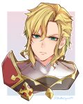  1boy armor audric bangs blonde_hair blue_eyes carrot_(robosquat) closed_mouth dragalia_lost hair_between_eyes looking_at_viewer male_focus red_armor serious short_hair shoulder_armor sidelocks solo twitter_username upper_body 